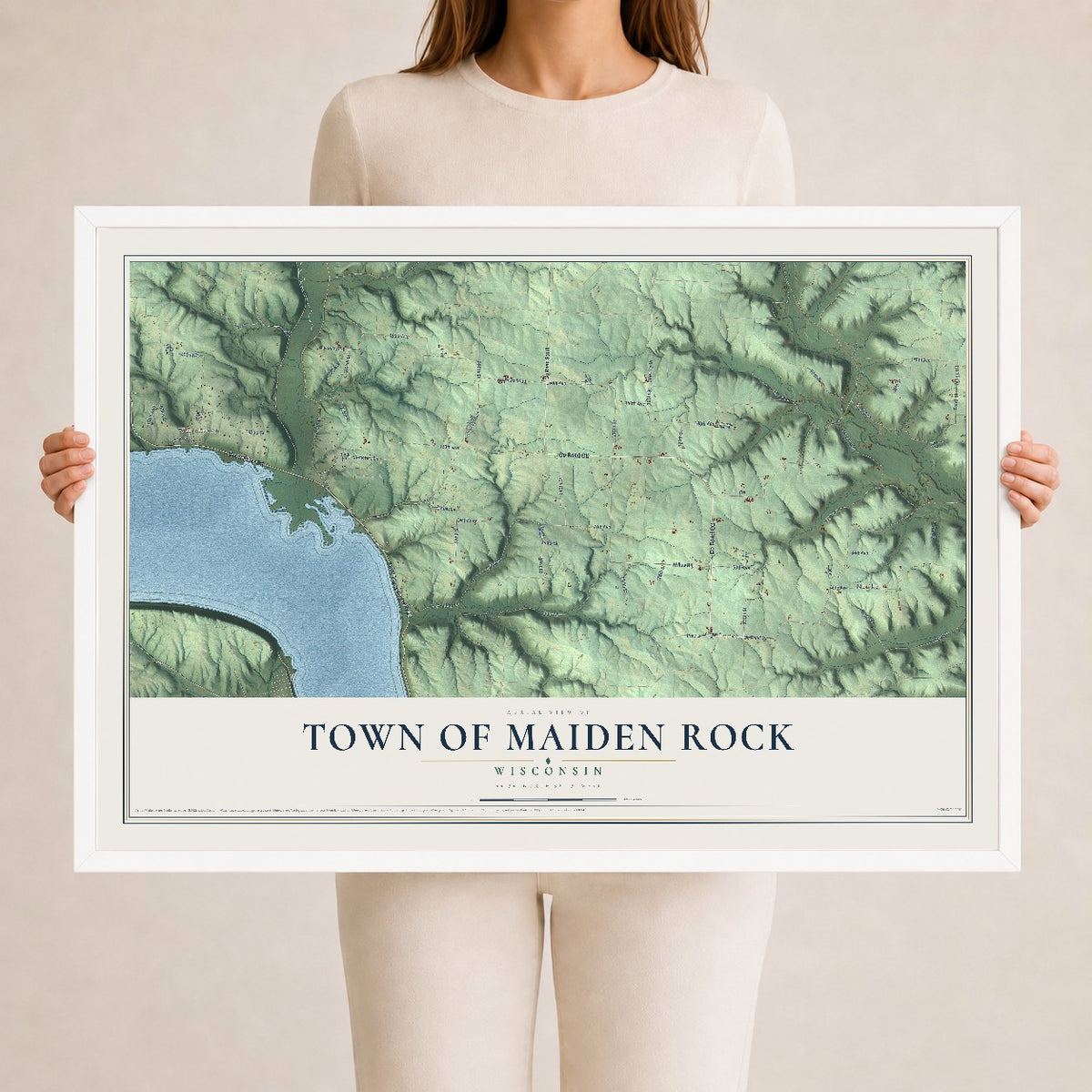 Map of the Town of Maiden Rock, Wisconsin, 24 x 36 inch print in a white wood frame