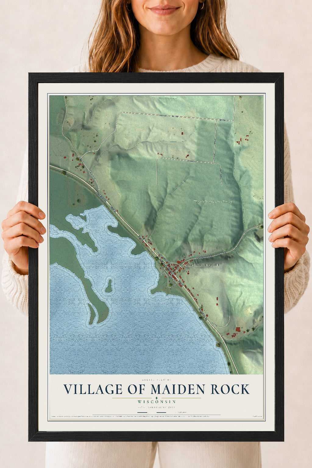 Map of Maiden Rock, Wisconsin, 18 x 24 inch print in a black wood frame