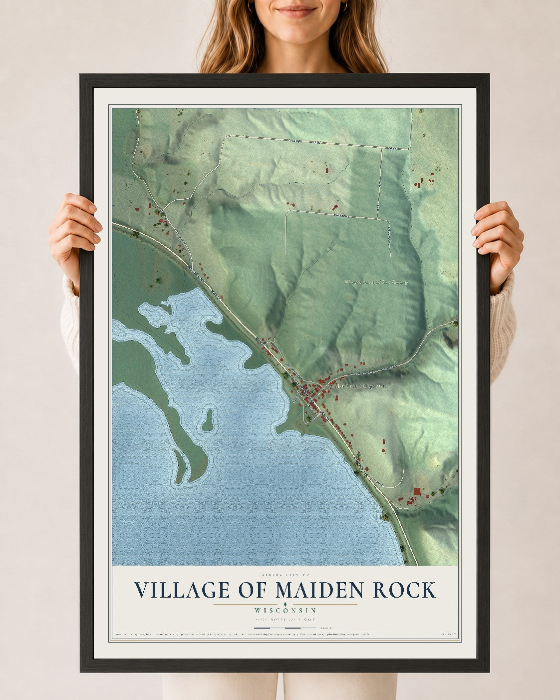 Map of Maiden Rock, Wisconsin, 24 x 36 inch print in a black wood frame