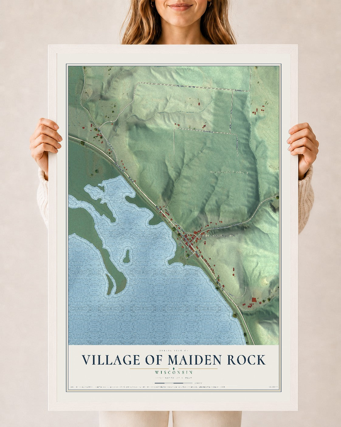 Map of Maiden Rock, Wisconsin, 24 x 36 inch print in a white wood frame