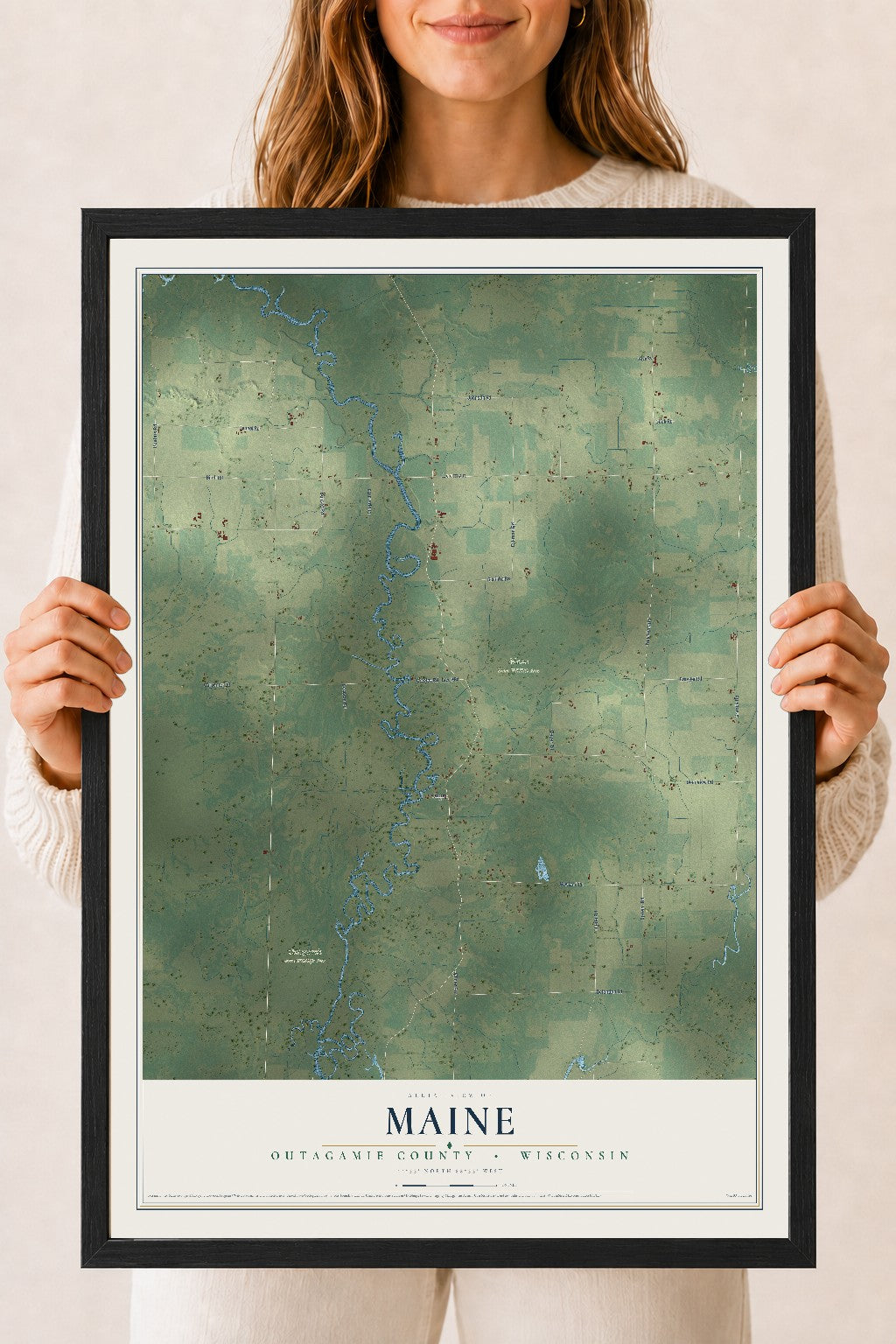 Map of Maine, Outagamie County, Wisconsin, 18 x 24 inch print in a black wood frame