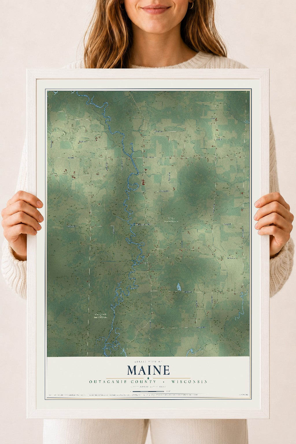 Map of Maine, Outagamie County, Wisconsin, 18 x 24 inch print in a white wood frame