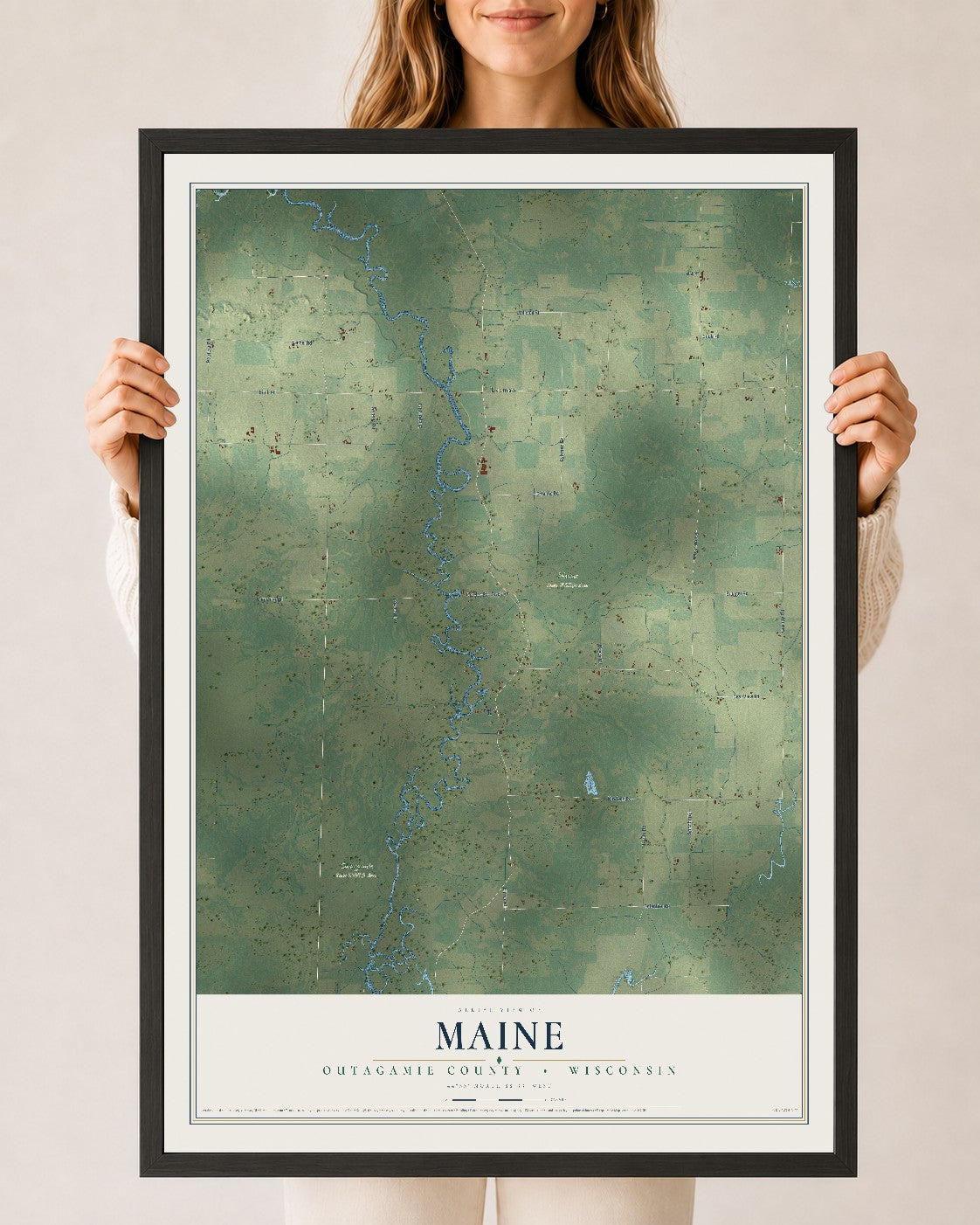 Map of Maine, Outagamie County, Wisconsin, 24 x 36 inch print in a black wood frame