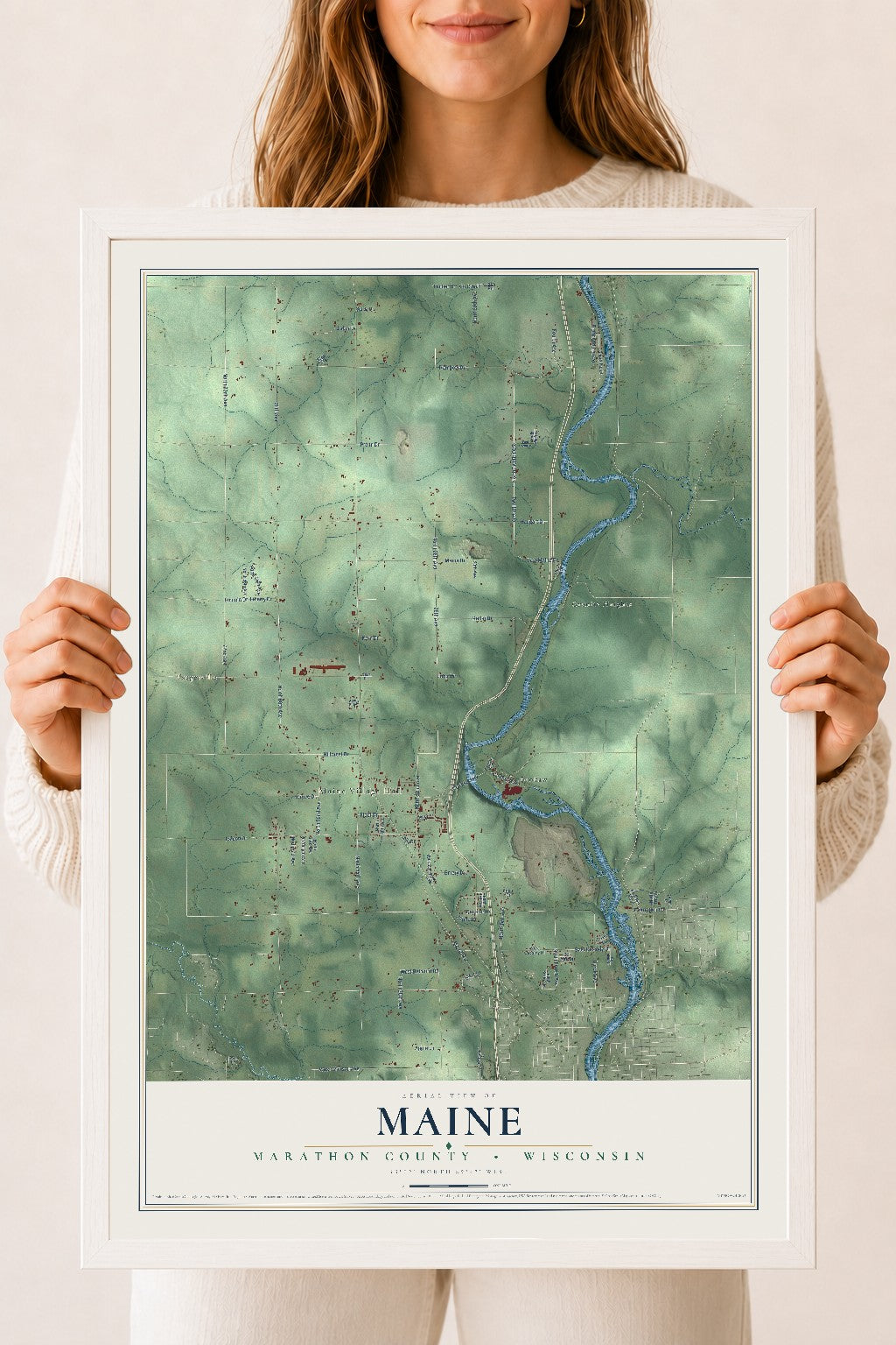Map of Maine, Marathon County, Wisconsin, 18 x 24 inch print in a white wood frame