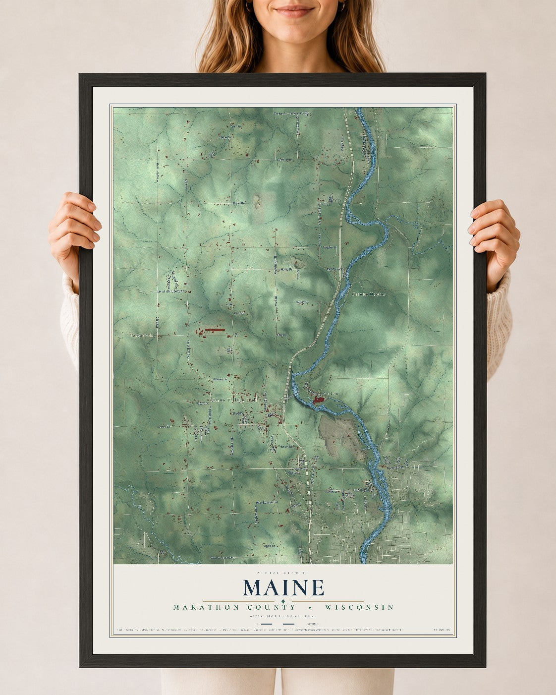 Map of Maine, Marathon County, Wisconsin, 24 x 36 inch print in a black wood frame