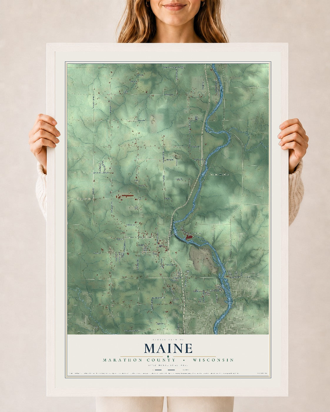 Map of Maine, Marathon County, Wisconsin, 24 x 36 inch print in a white wood frame
