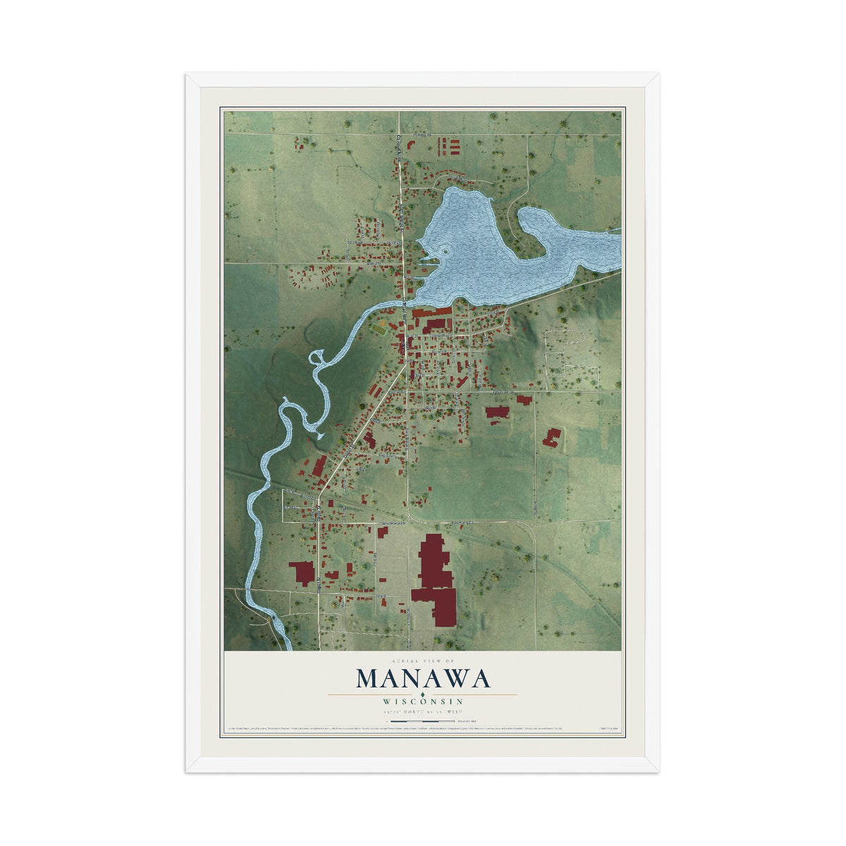 Map of Manawa, Wisconsin, 12 x 18 inch print in a white wood frame