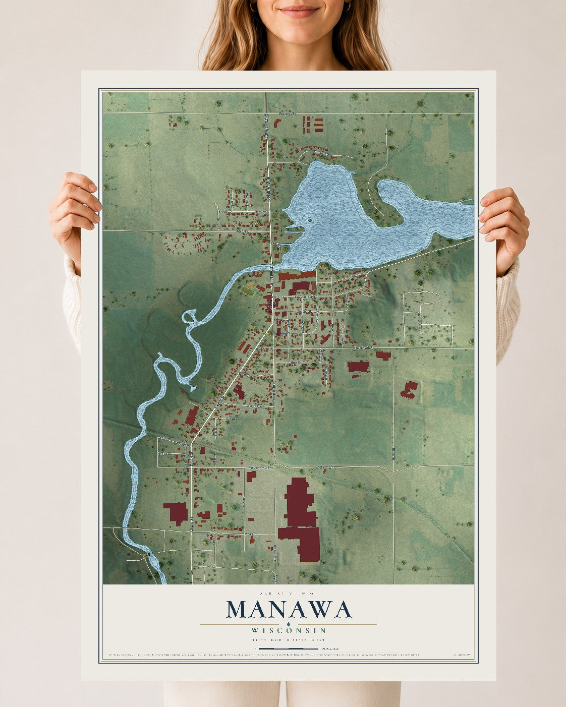 Map of Manawa, Wisconsin, 24 x 36 inch unframed archival matte print