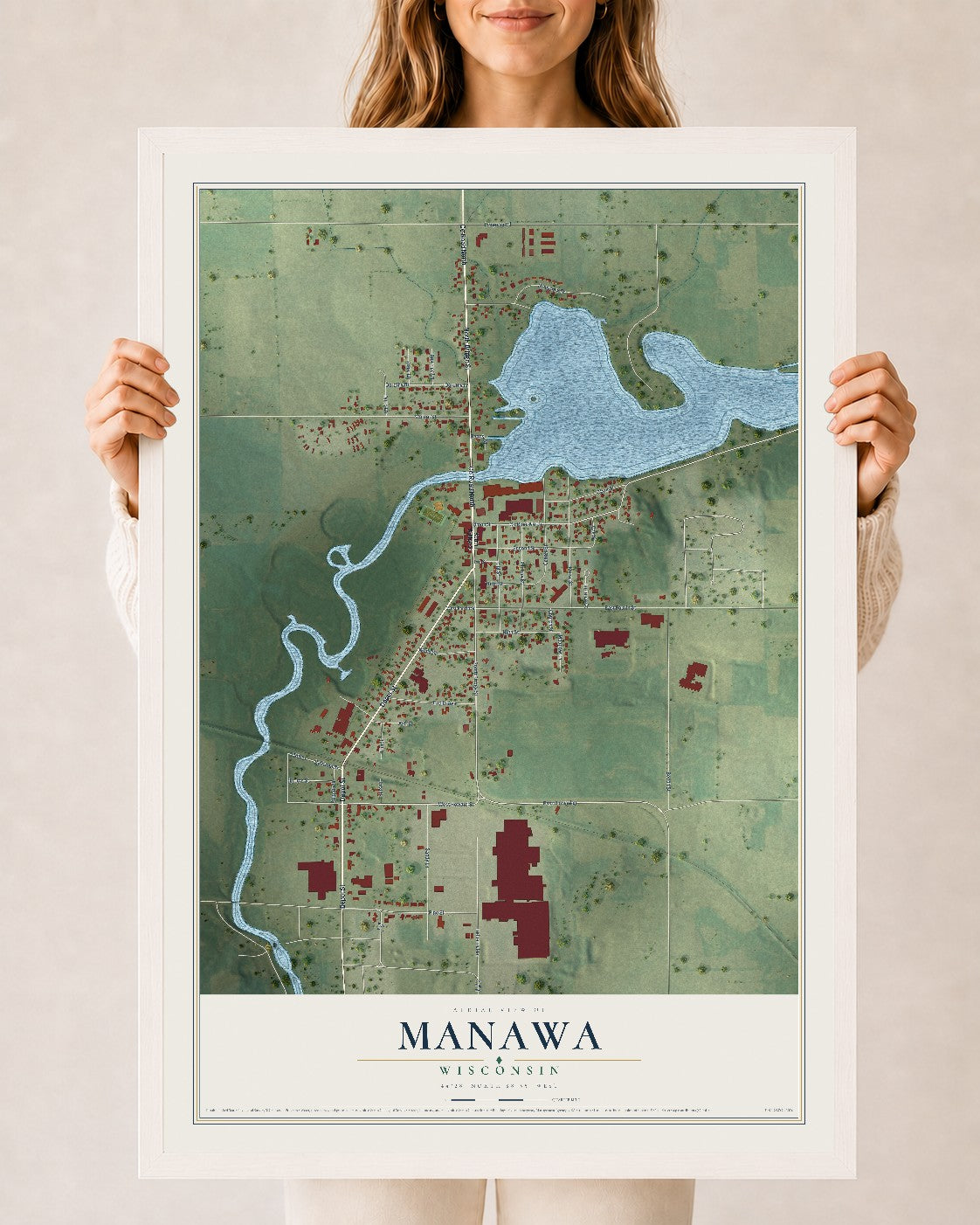 Map of Manawa, Wisconsin, 24 x 36 inch print in a white wood frame
