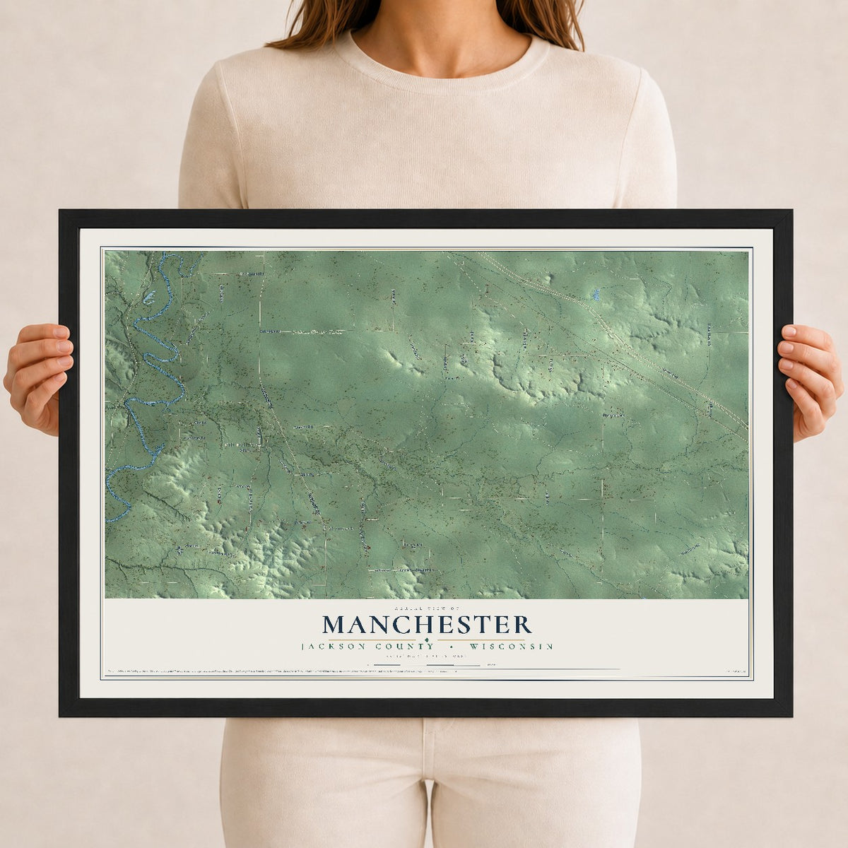 Map of Manchester, Jackson County, Wisconsin, 12 x 18 inch print in a black wood frame