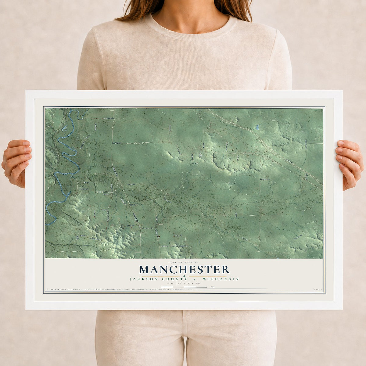 Map of Manchester, Jackson County, Wisconsin, 12 x 18 inch print in a white wood frame
