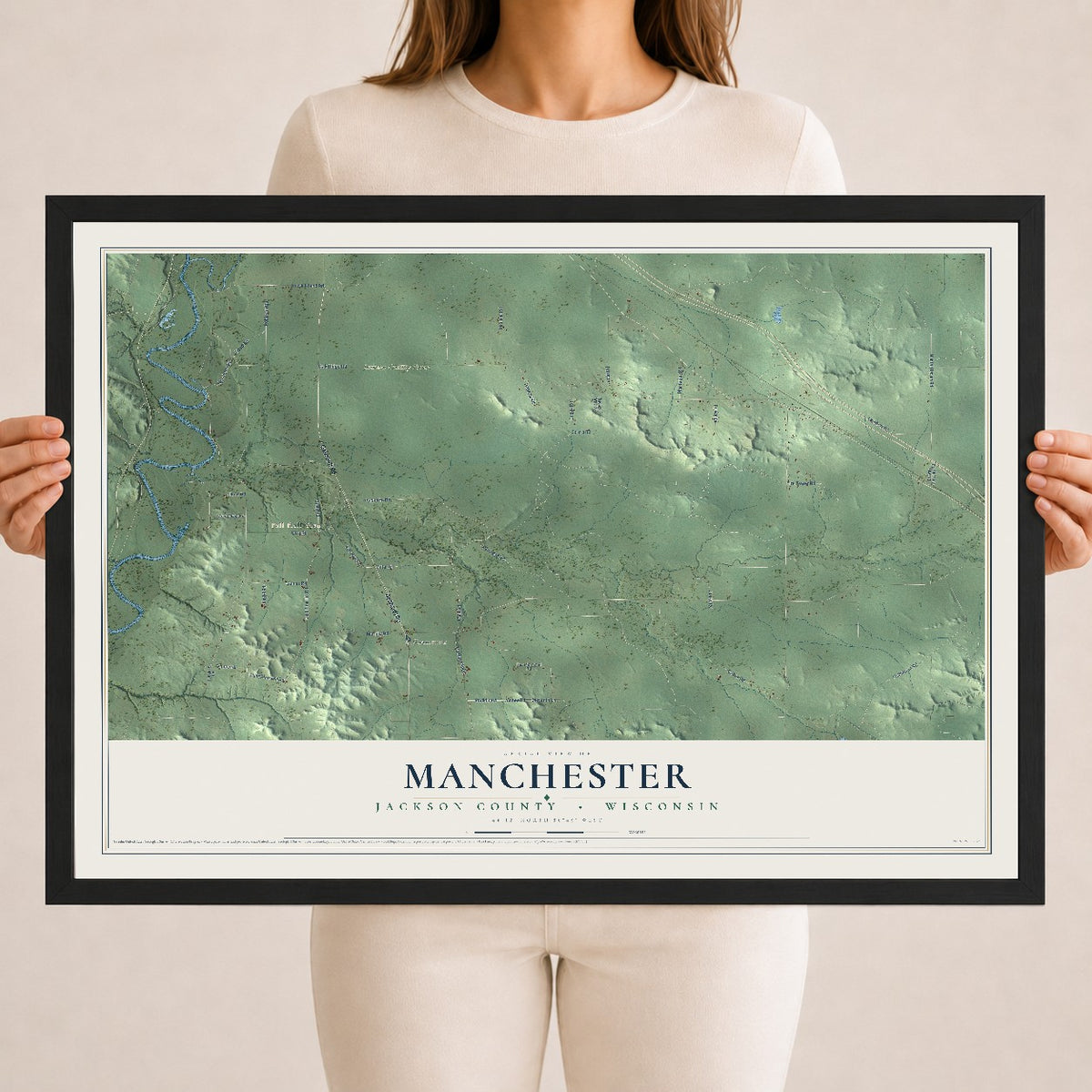 Map of Manchester, Jackson County, Wisconsin, 18 x 24 inch print in a black wood frame