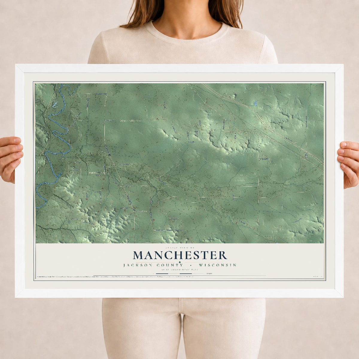 Map of Manchester, Jackson County, Wisconsin, 18 x 24 inch print in a white wood frame