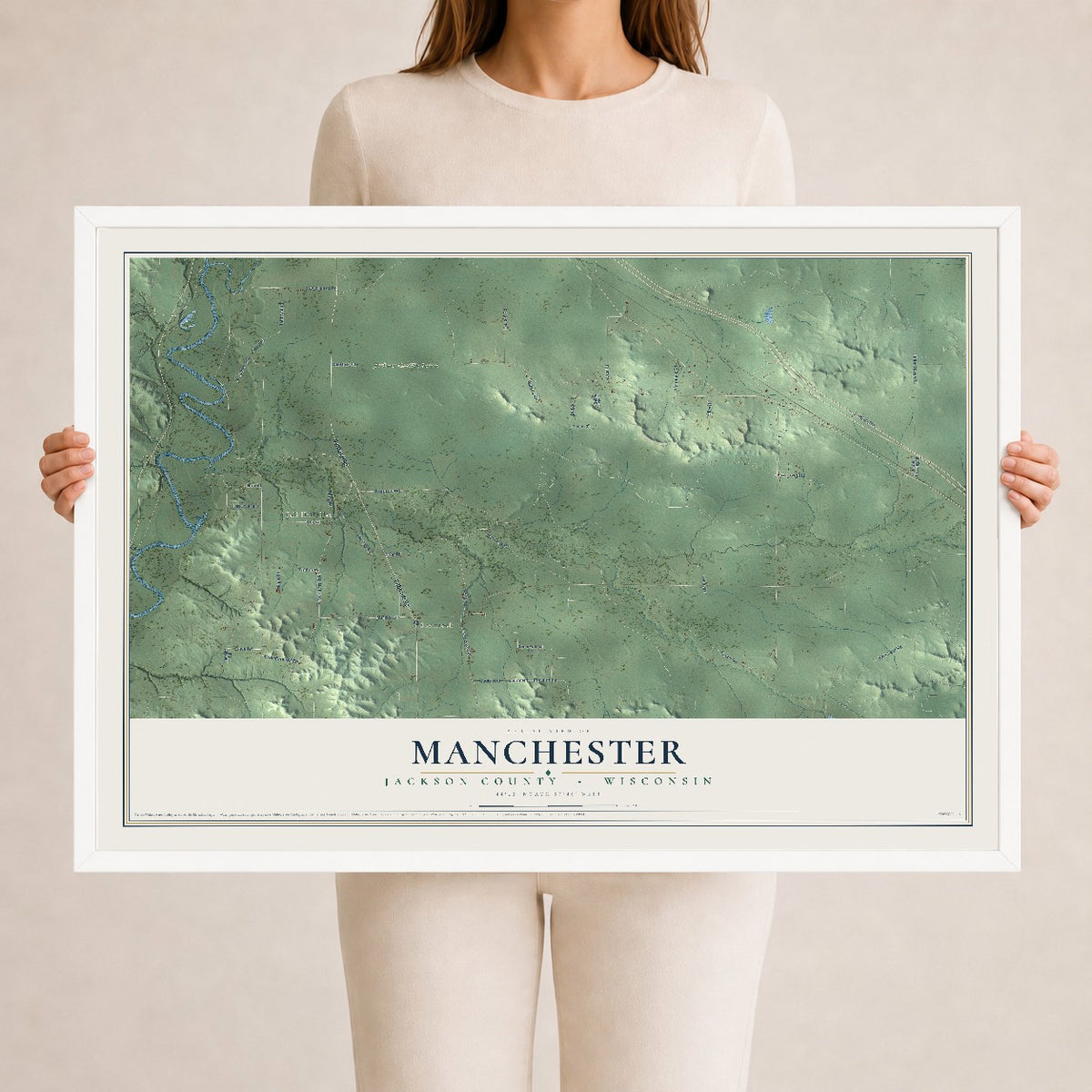Map of Manchester, Jackson County, Wisconsin, 24 x 36 inch print in a white wood frame