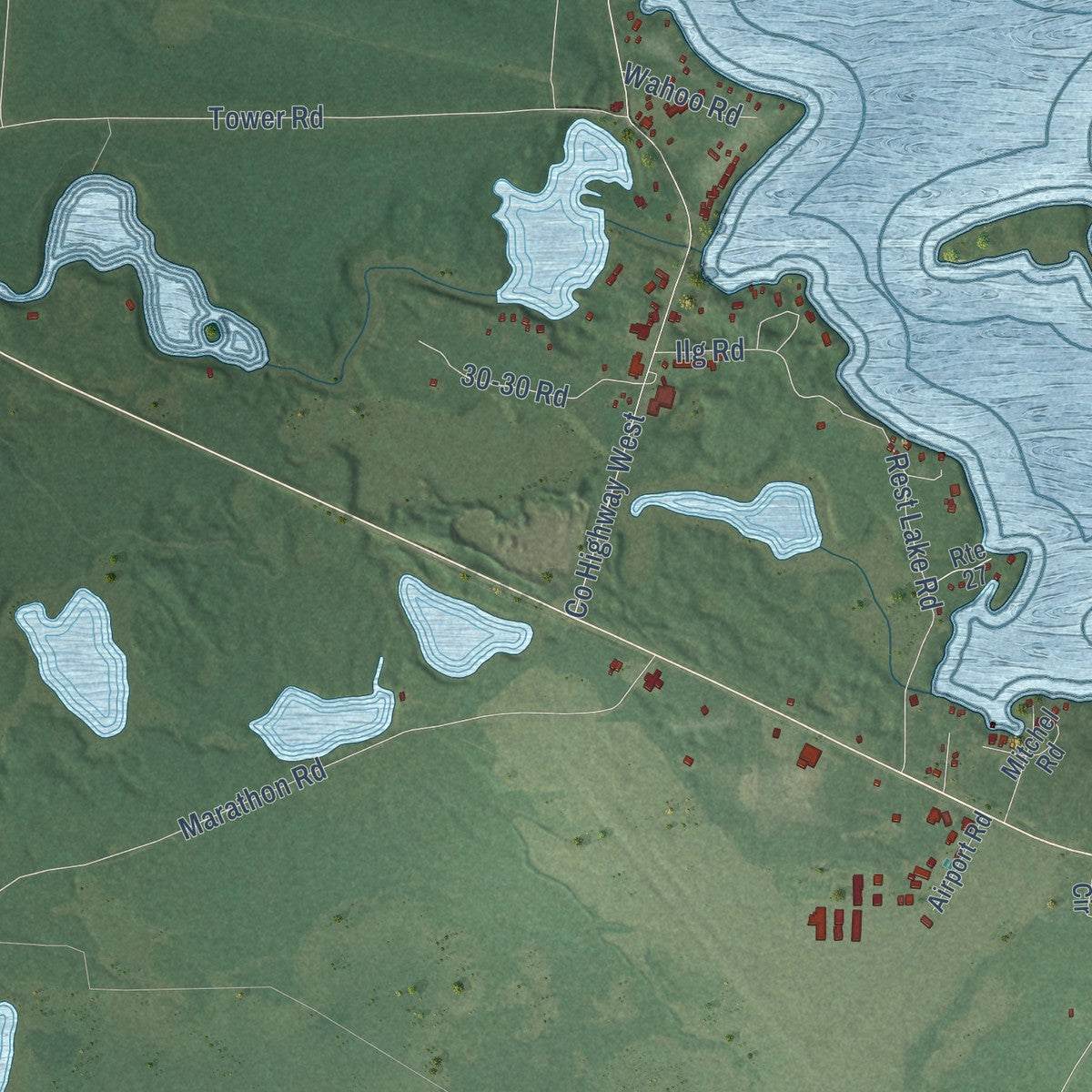 Second close-up of the map of Manitowish Waters, Wisconsin print showing more streets and buildings