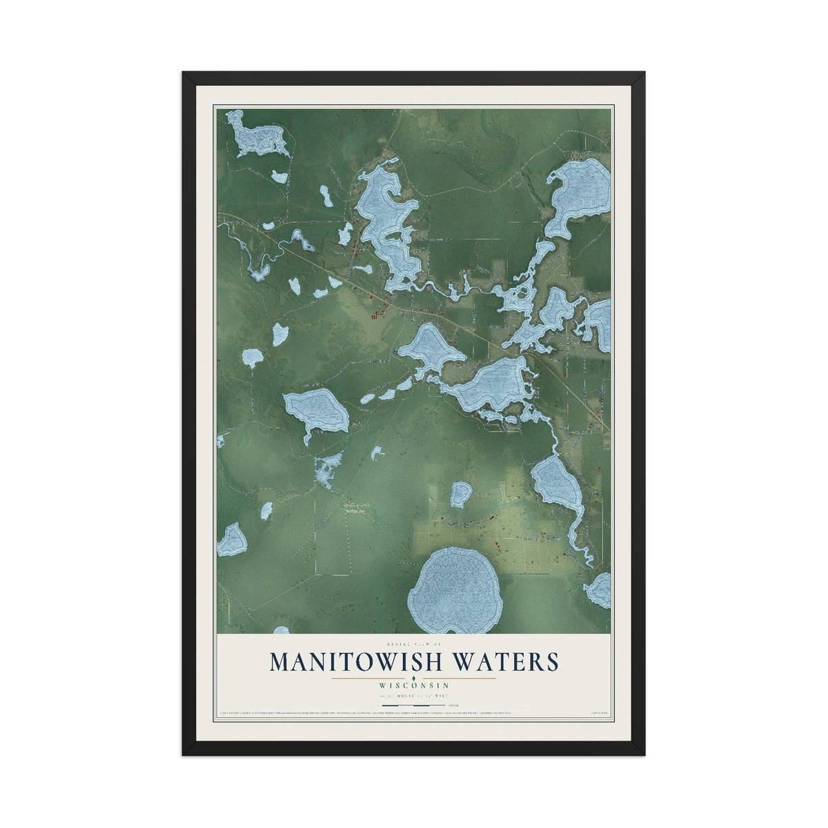 Map of Manitowish Waters, Wisconsin, 12 x 18 inch print in a black wood frame