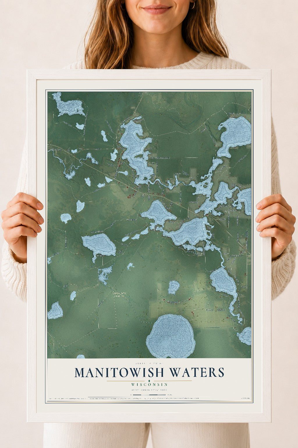 Map of Manitowish Waters, Wisconsin, 18 x 24 inch print in a white wood frame