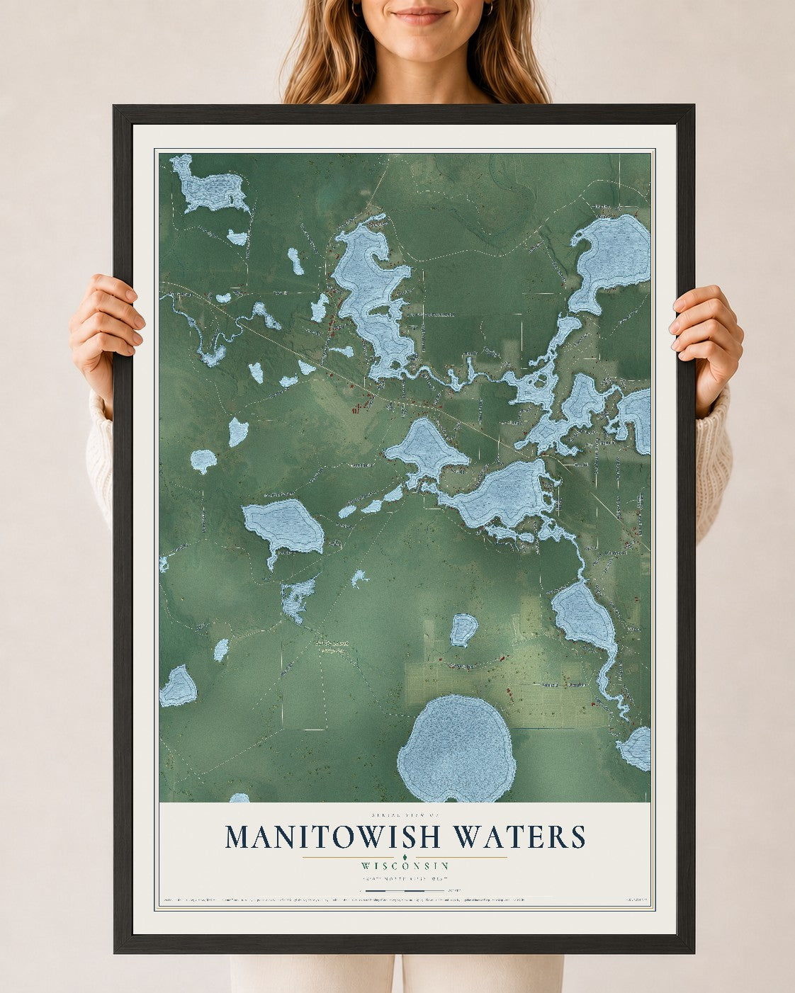 Map of Manitowish Waters, Wisconsin, 24 x 36 inch print in a black wood frame