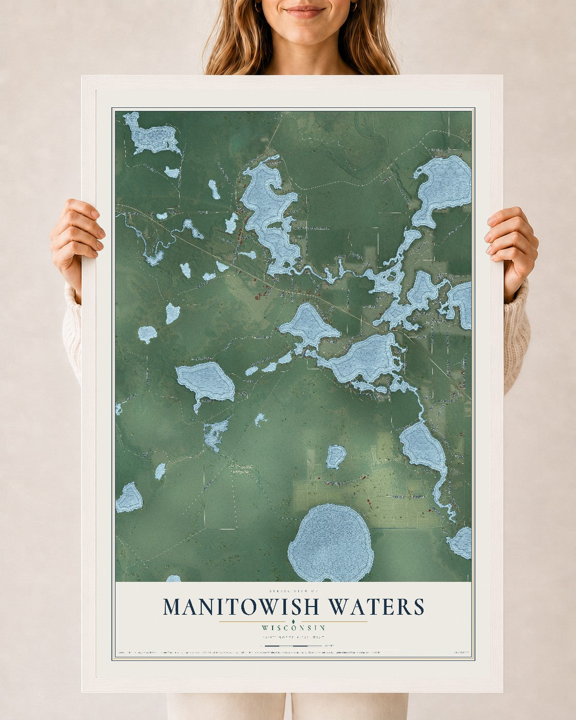 Map of Manitowish Waters, Wisconsin, 24 x 36 inch print in a white wood frame