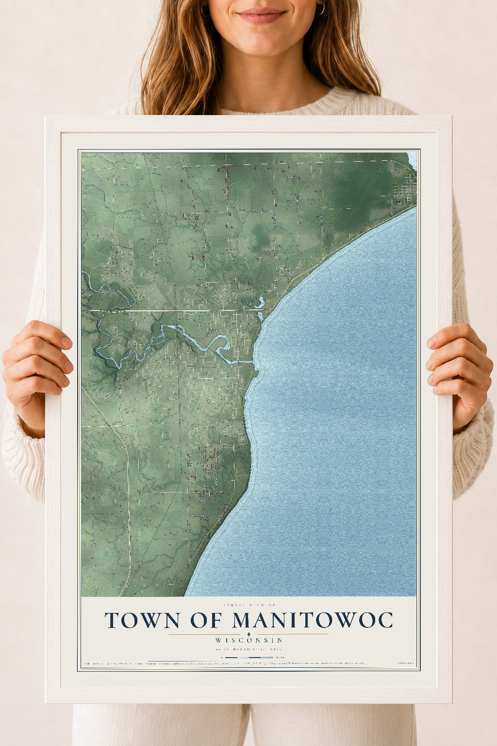 Map of the Town of Manitowoc, Wisconsin, 18 x 24 inch print in a white wood frame