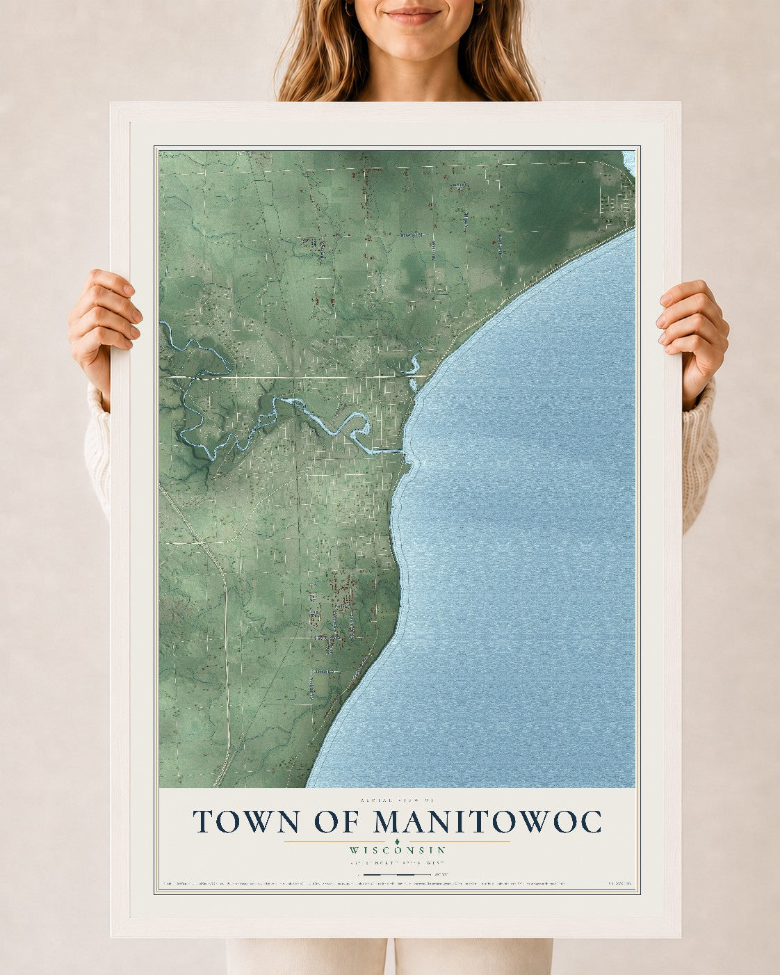 Map of the Town of Manitowoc, Wisconsin, 24 x 36 inch print in a white wood frame