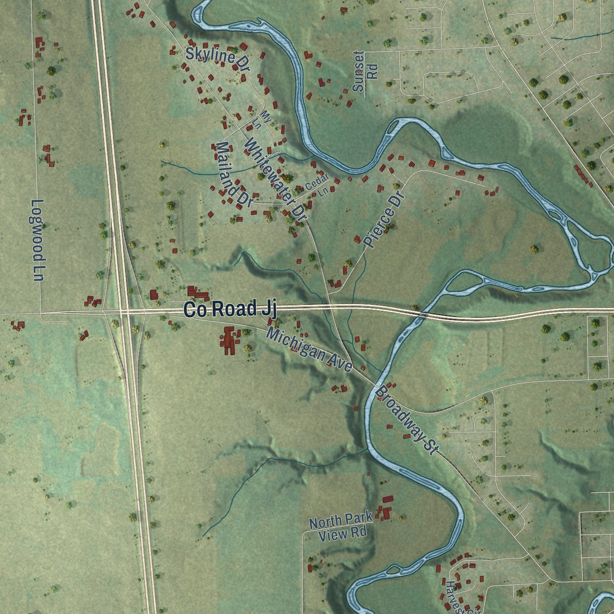 Close-up of the map of Manitowoc Rapids, Wisconsin print showing street and building detail