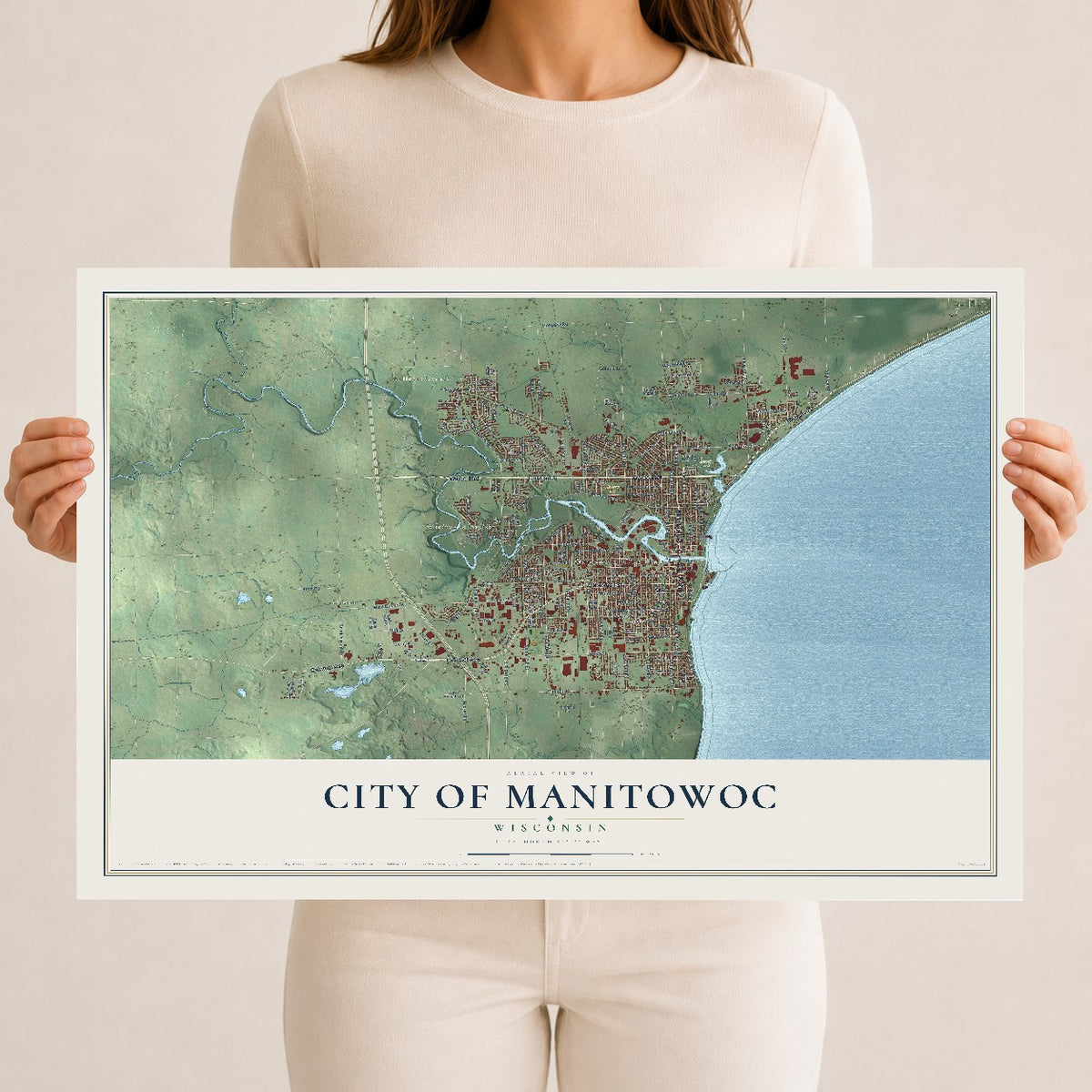 Map of Manitowoc, Wisconsin, 12 x 18 inch unframed archival matte print