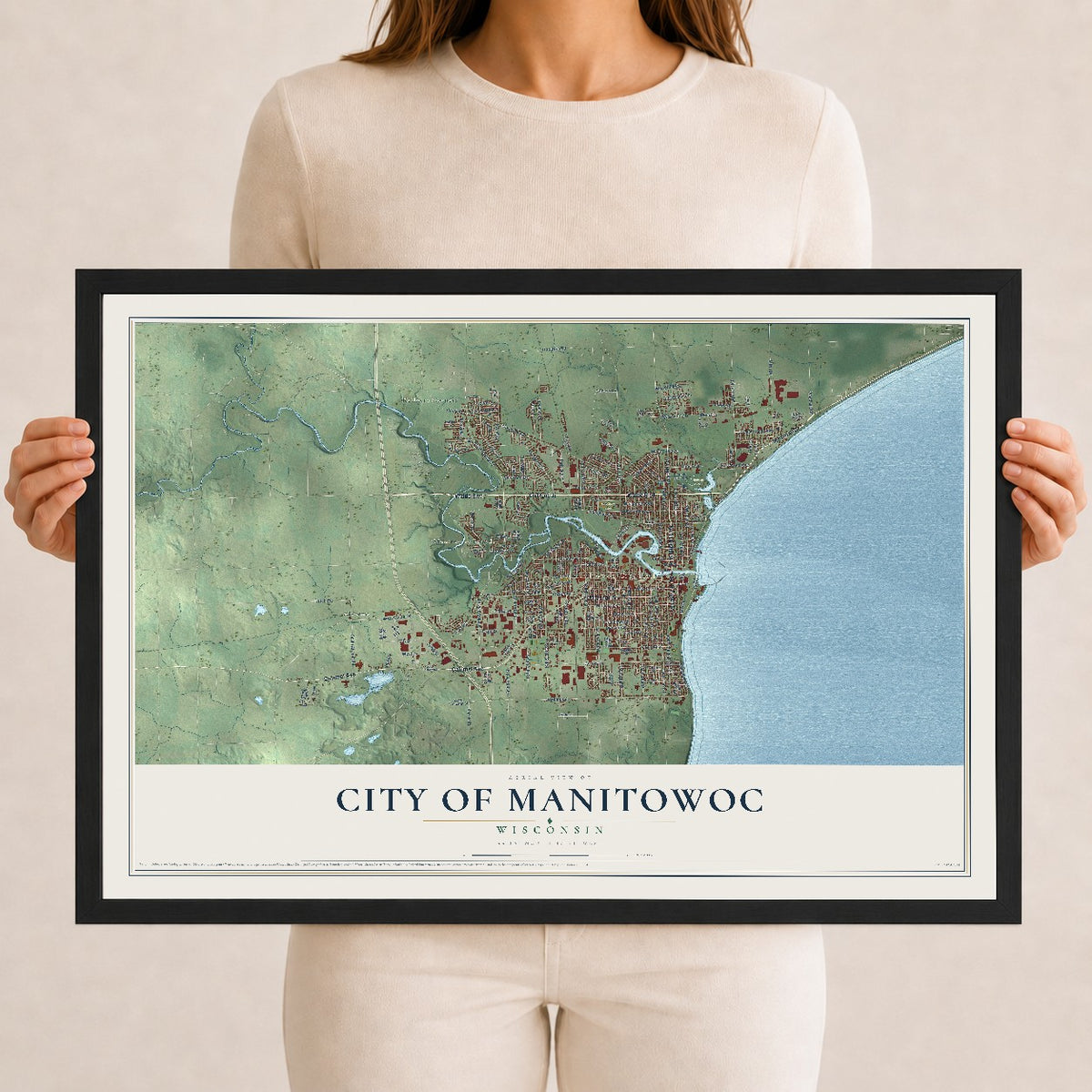 Map of Manitowoc, Wisconsin, 12 x 18 inch print in a black wood frame