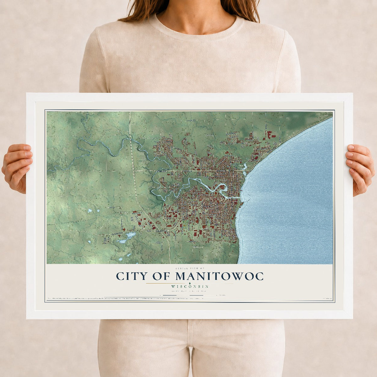 Map of Manitowoc, Wisconsin, 12 x 18 inch print in a white wood frame