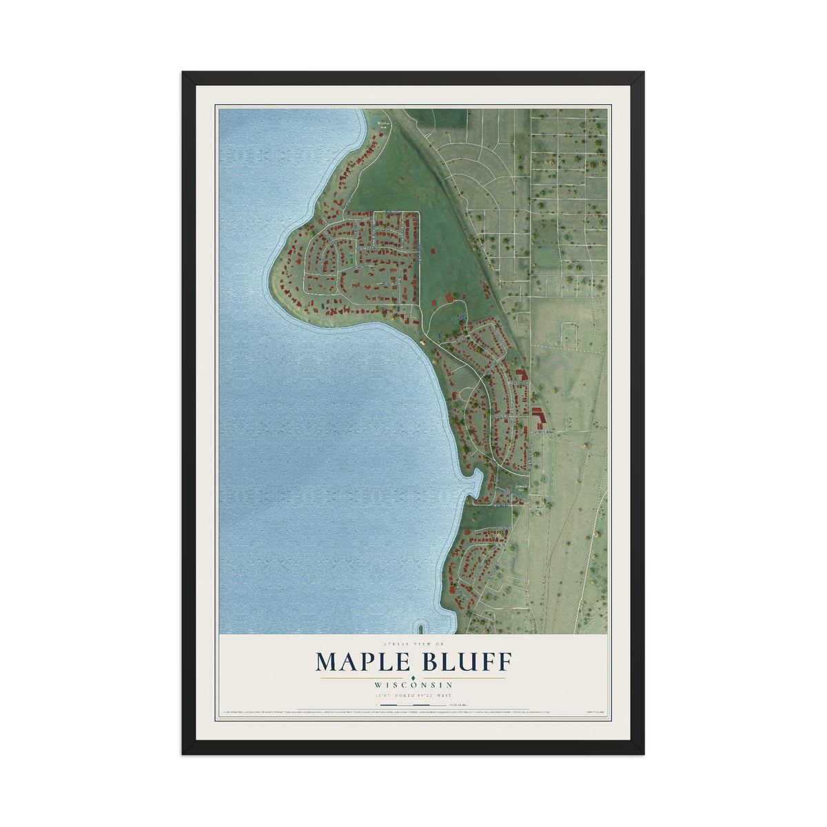 Map of Maple Bluff, Wisconsin, 12 x 18 inch print in a black wood frame