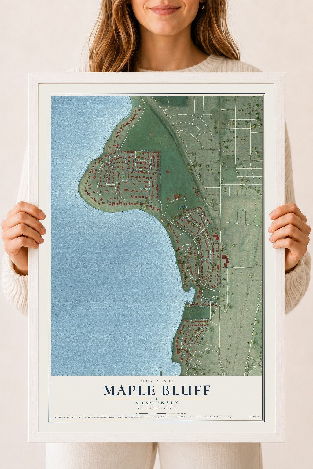 Map of Maple Bluff, Wisconsin, 18 x 24 inch print in a white wood frame