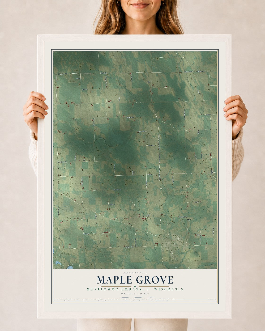 Map of Maple Grove, Manitowoc County, Wisconsin, 24 x 36 inch print in a white wood frame