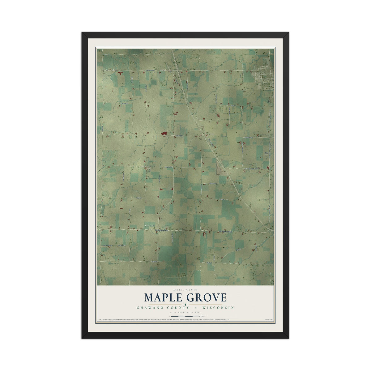 Map of Maple Grove, Shawano County, Wisconsin, 12 x 18 inch print in a black wood frame