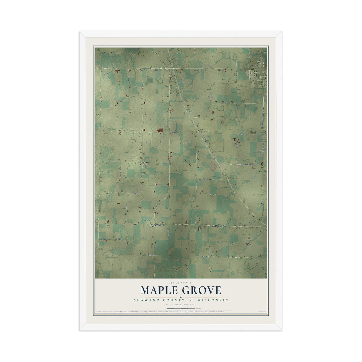 Map of Maple Grove, Shawano County, Wisconsin, 12 x 18 inch print in a white wood frame