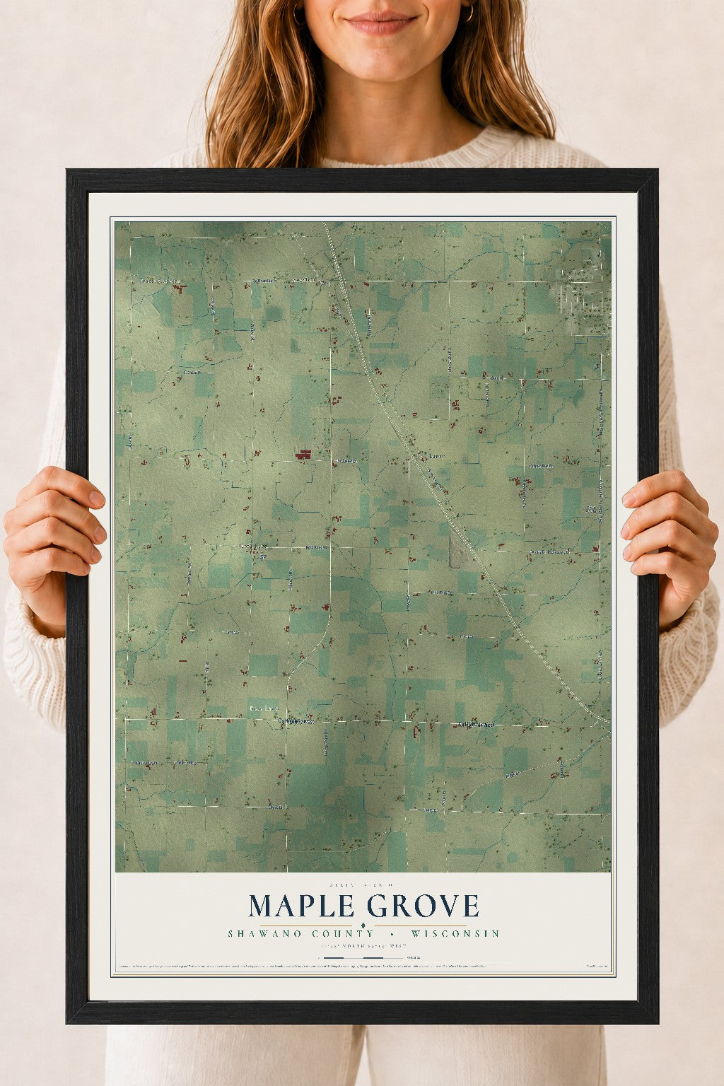 Map of Maple Grove, Shawano County, Wisconsin, 18 x 24 inch print in a black wood frame
