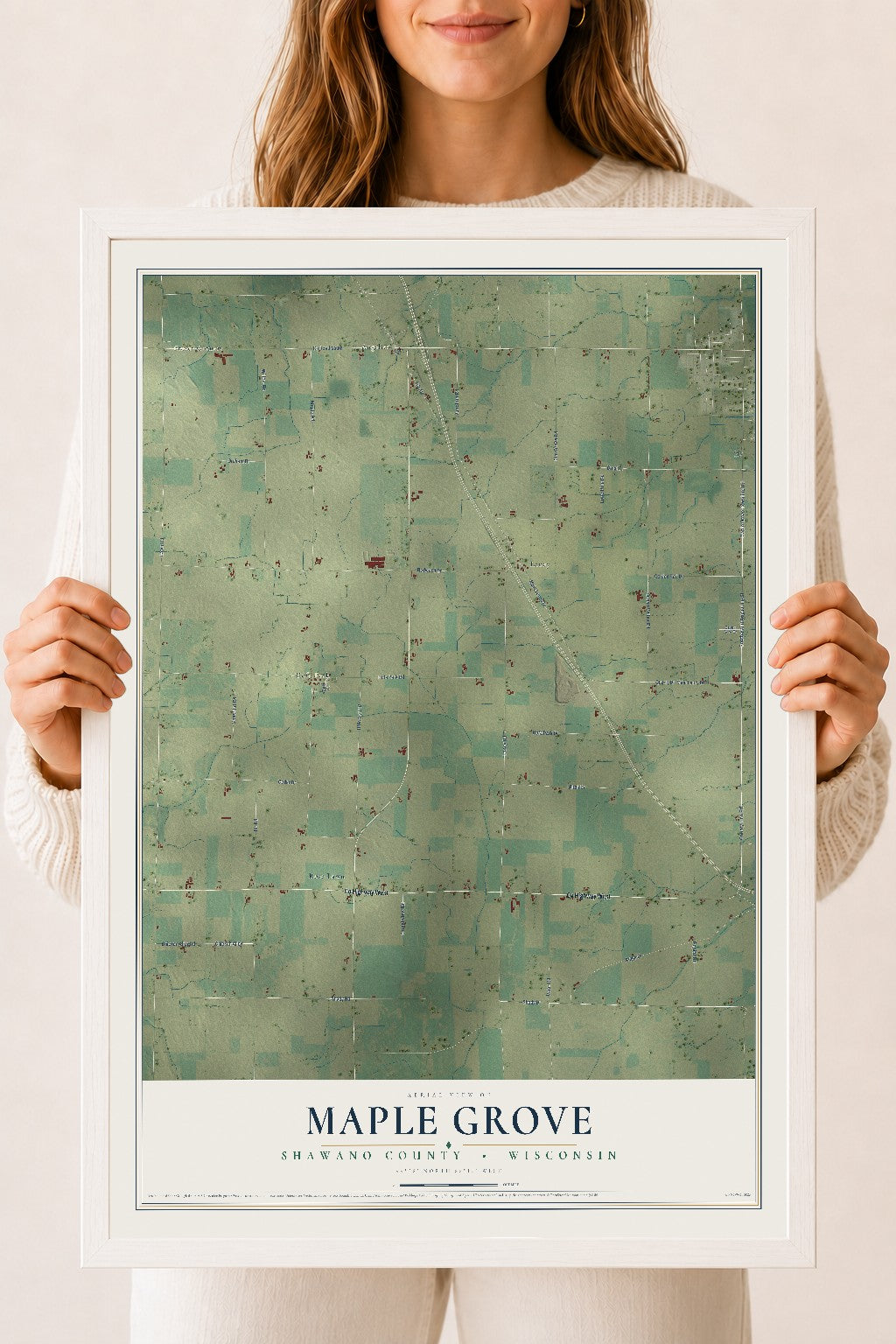 Map of Maple Grove, Shawano County, Wisconsin, 18 x 24 inch print in a white wood frame