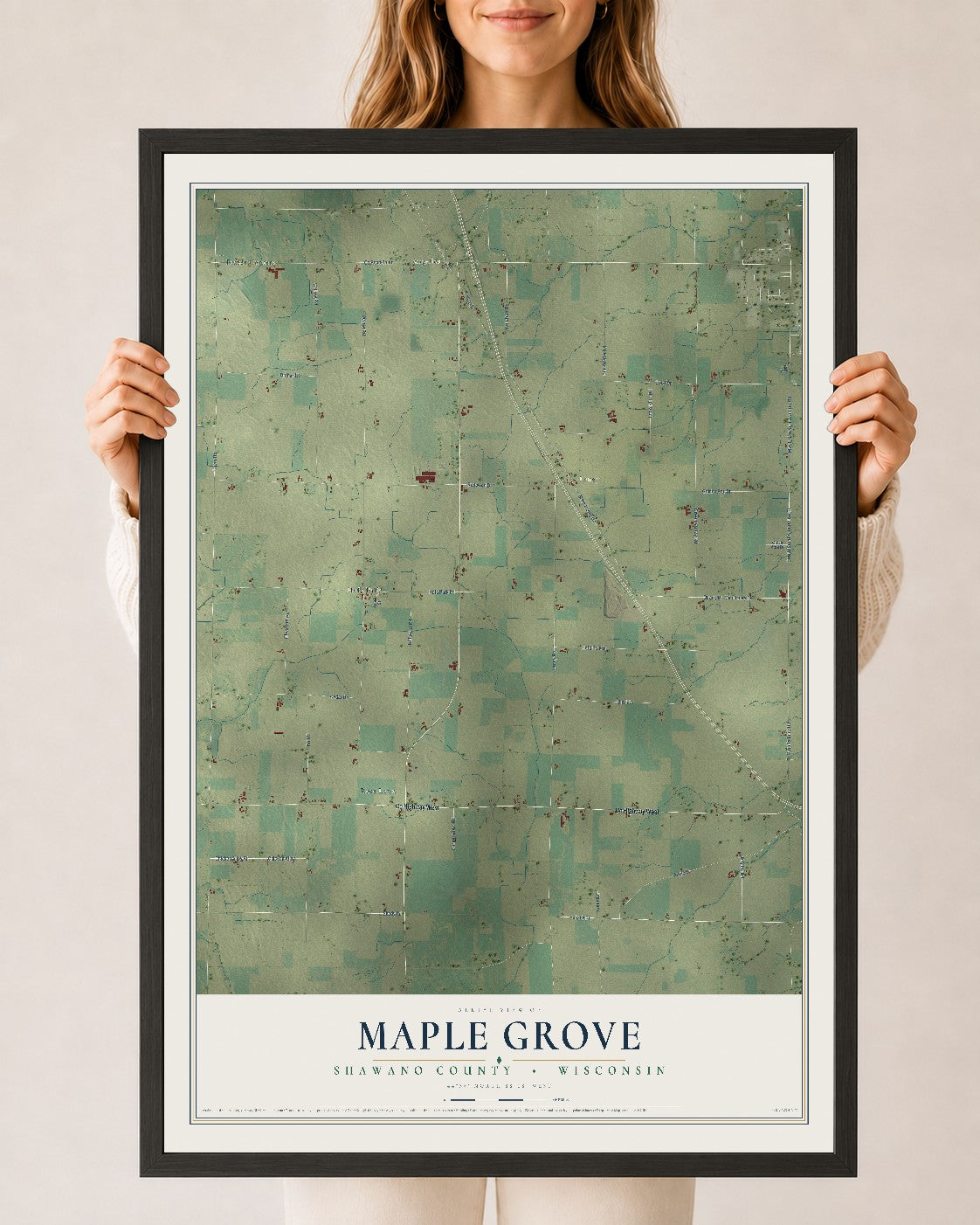 Map of Maple Grove, Shawano County, Wisconsin, 24 x 36 inch print in a black wood frame