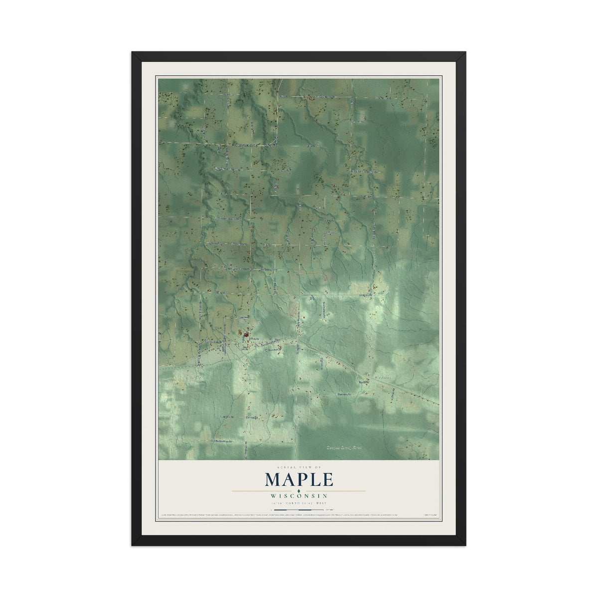 Map of Maple, Wisconsin, 12 x 18 inch print in a black wood frame