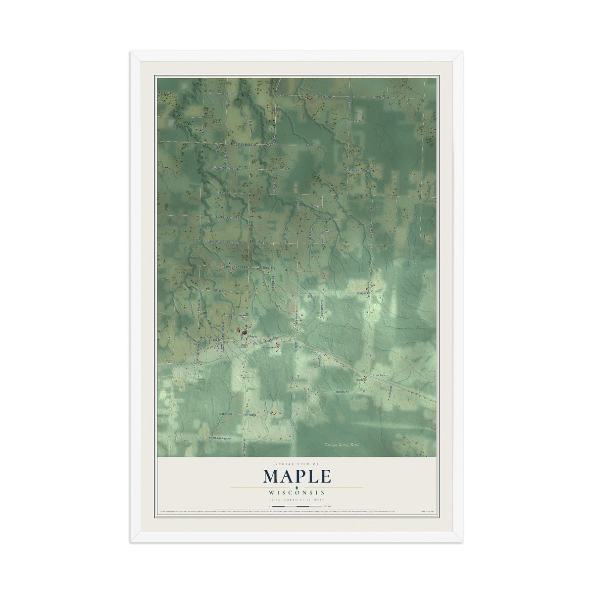 Map of Maple, Wisconsin, 12 x 18 inch print in a white wood frame