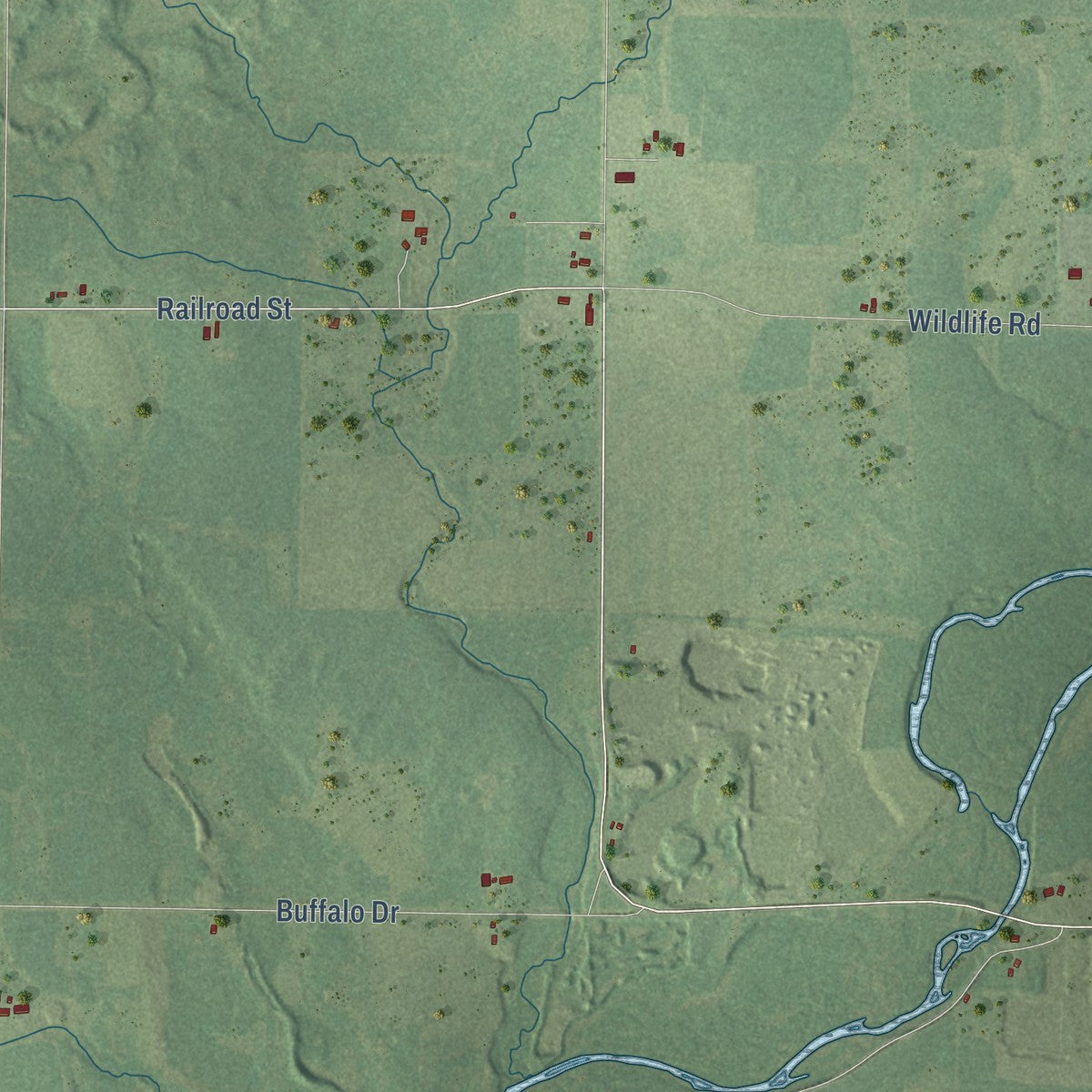 Close-up of the map of Maplehurst, Wisconsin print showing street and building detail
