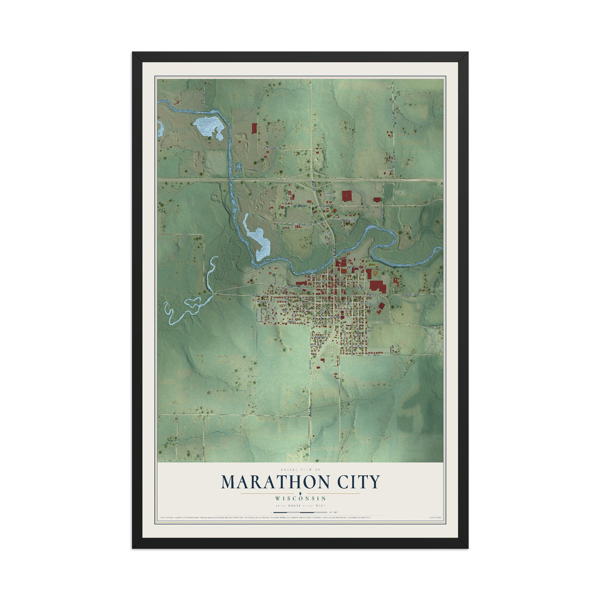 Map of Marathon City, Wisconsin, 12 x 18 inch print in a black wood frame