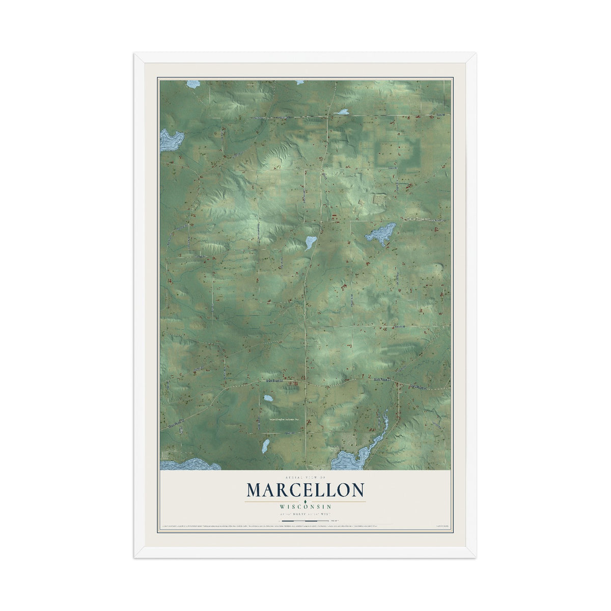 Map of Marcellon, Wisconsin, 12 x 18 inch print in a white wood frame