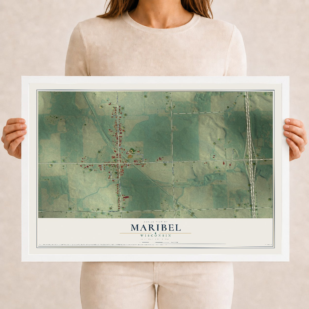 Map of Maribel, Wisconsin, 12 x 18 inch print in a white wood frame