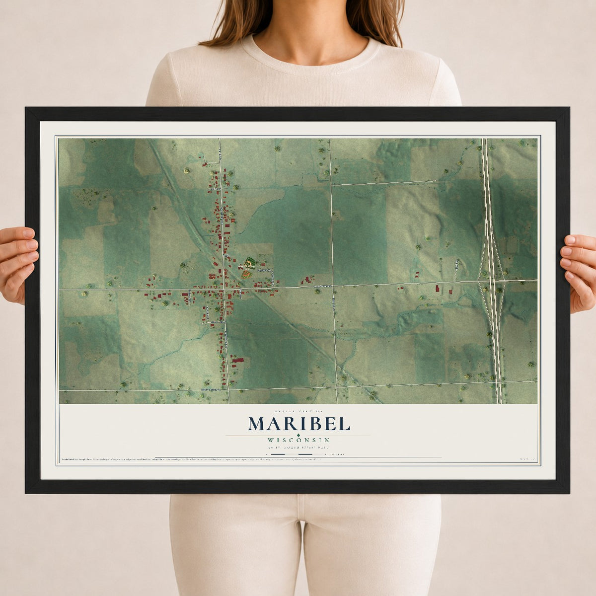 Map of Maribel, Wisconsin, 18 x 24 inch print in a black wood frame