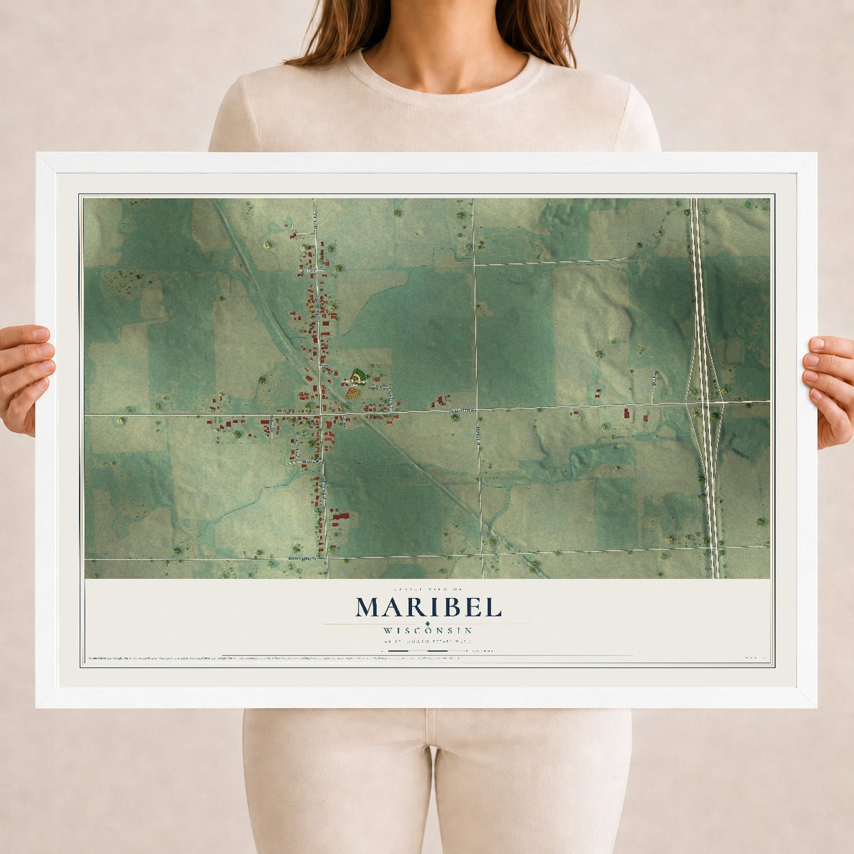 Map of Maribel, Wisconsin, 18 x 24 inch print in a white wood frame