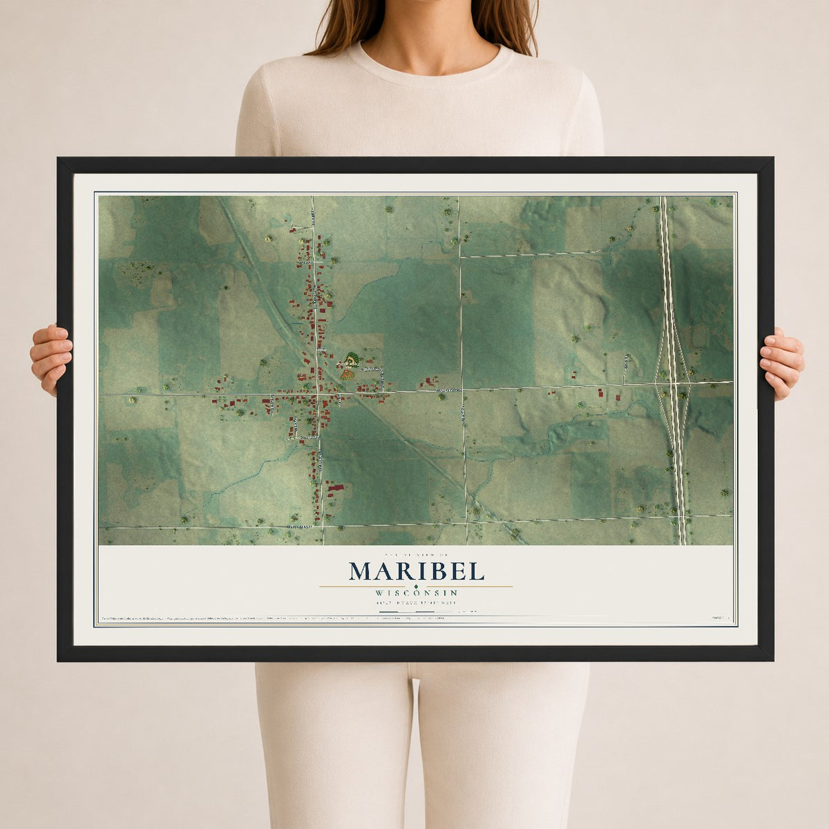 Map of Maribel, Wisconsin, 24 x 36 inch print in a black wood frame