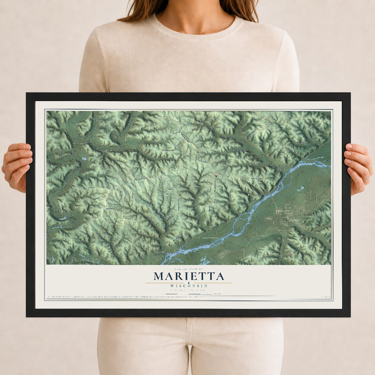 Map of Marietta, Wisconsin, 12 x 18 inch print in a black wood frame