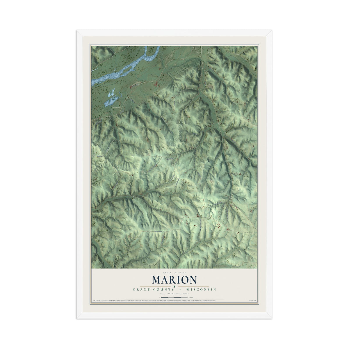 Map of Marion, Grant County, Wisconsin, 12 x 18 inch print in a white wood frame