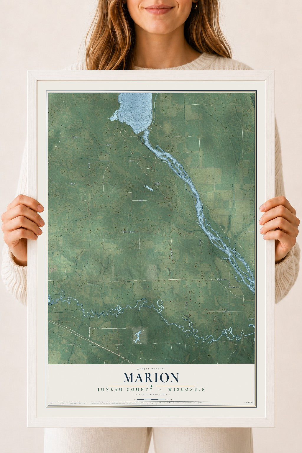 Map of Marion, Juneau County, Wisconsin, 18 x 24 inch print in a white wood frame
