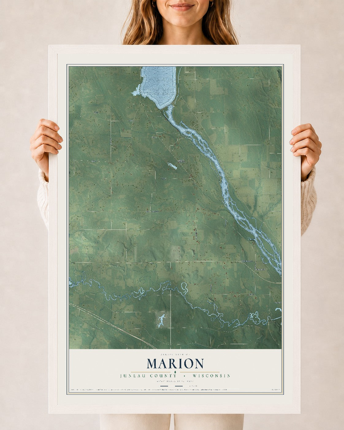 Map of Marion, Juneau County, Wisconsin, 24 x 36 inch print in a white wood frame